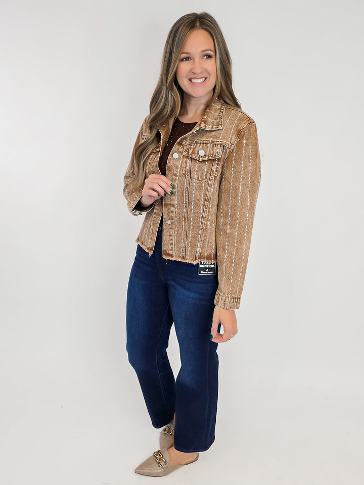 DENIM JACKET W/RHINESTONE DETAIL - BROWN