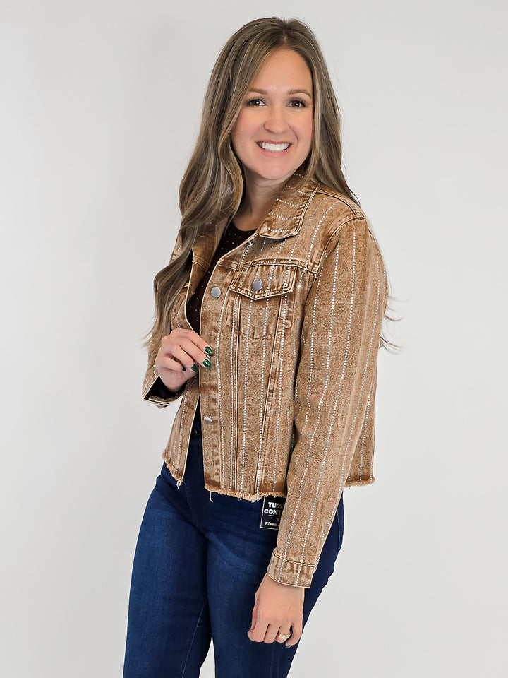 DENIM JACKET W/RHINESTONE DETAIL - BROWN