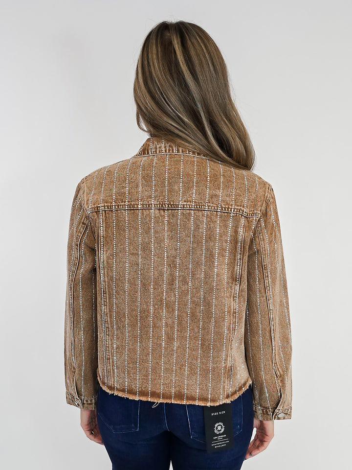 DENIM JACKET W/RHINESTONE DETAIL - BROWN