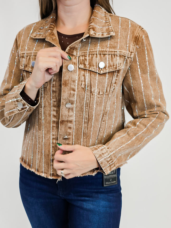 DENIM JACKET W/RHINESTONE DETAIL - BROWN