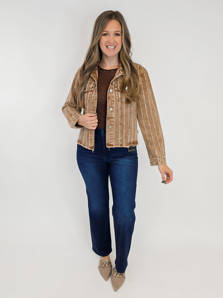 DENIM JACKET W/RHINESTONE DETAIL - BROWN