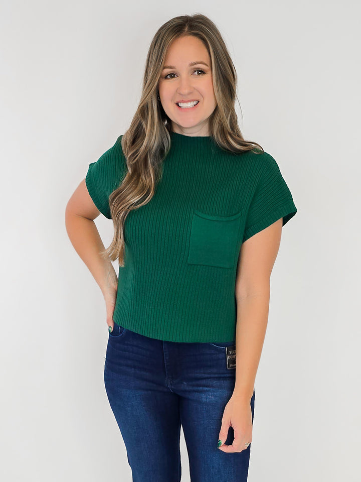 RIBBED MOCK NECK CAP SLEEVE SWEATER - HUNTER GREEN