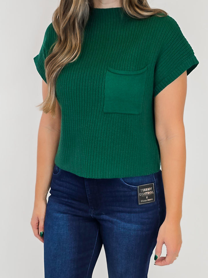 RIBBED MOCK NECK CAP SLEEVE SWEATER - HUNTER GREEN