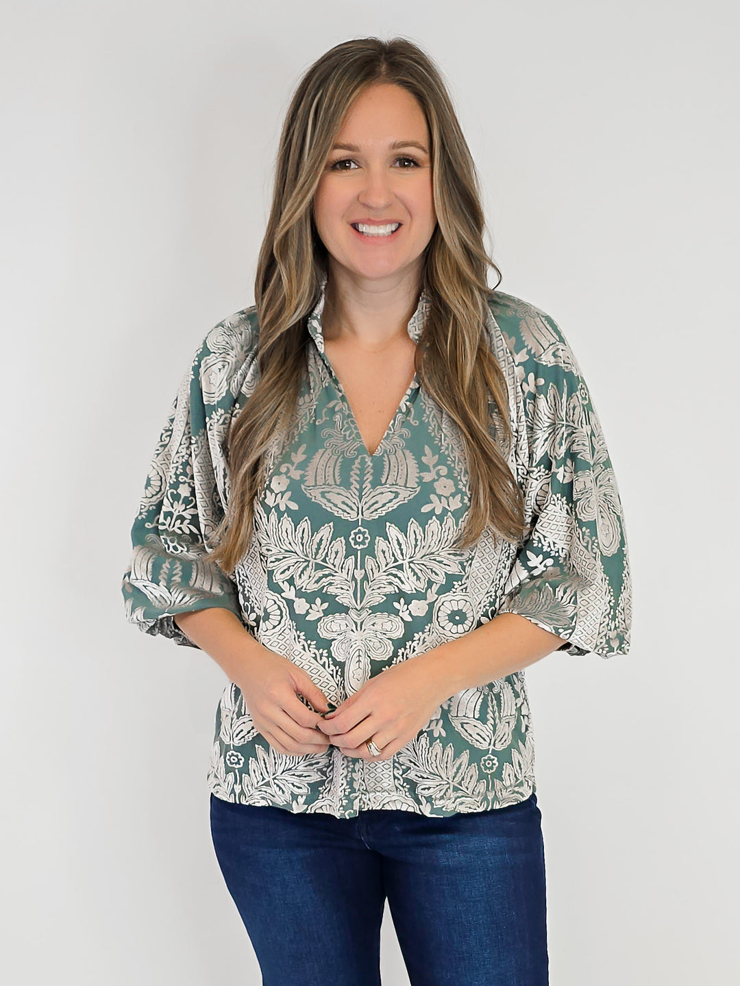 DAMASK PRINT VELVET SPLIT NECK TOP - SAGE