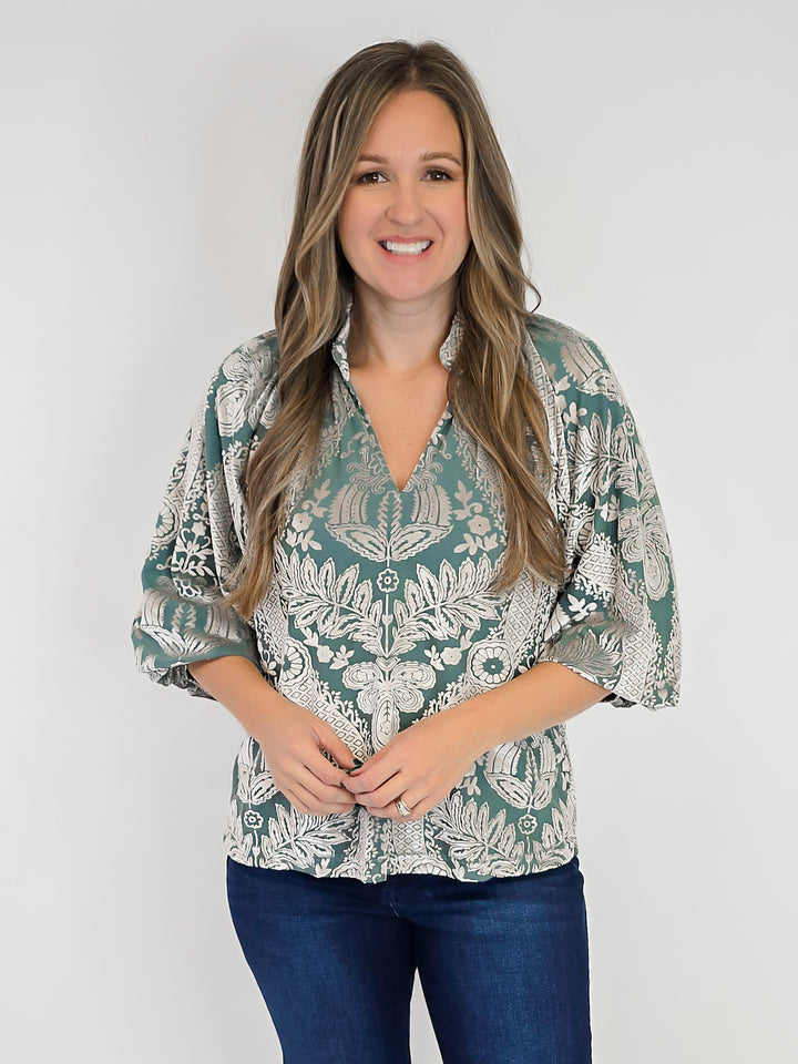 DAMASK PRINT VELVET SPLIT NECK TOP - SAGE