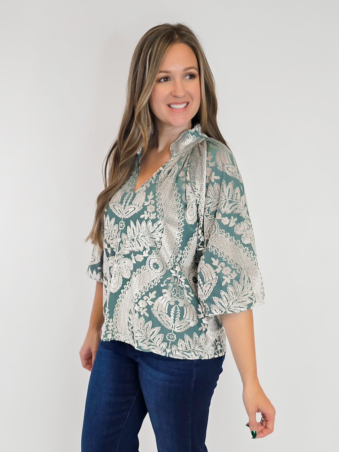 DAMASK PRINT VELVET SPLIT NECK TOP - SAGE