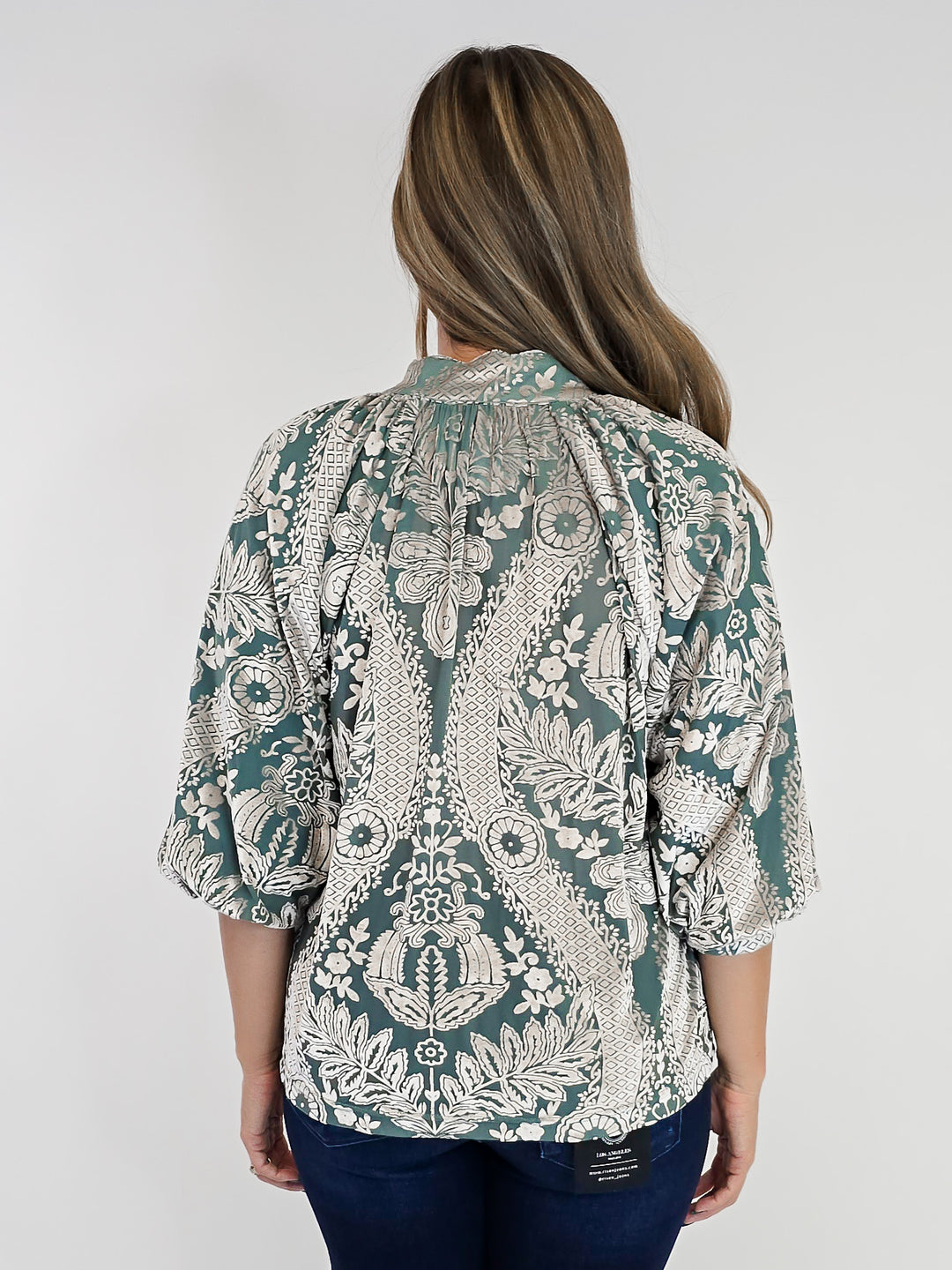 DAMASK PRINT VELVET SPLIT NECK TOP - SAGE