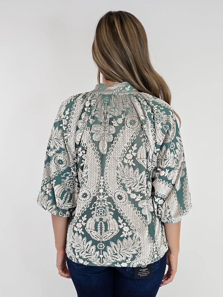 DAMASK PRINT VELVET SPLIT NECK TOP - SAGE