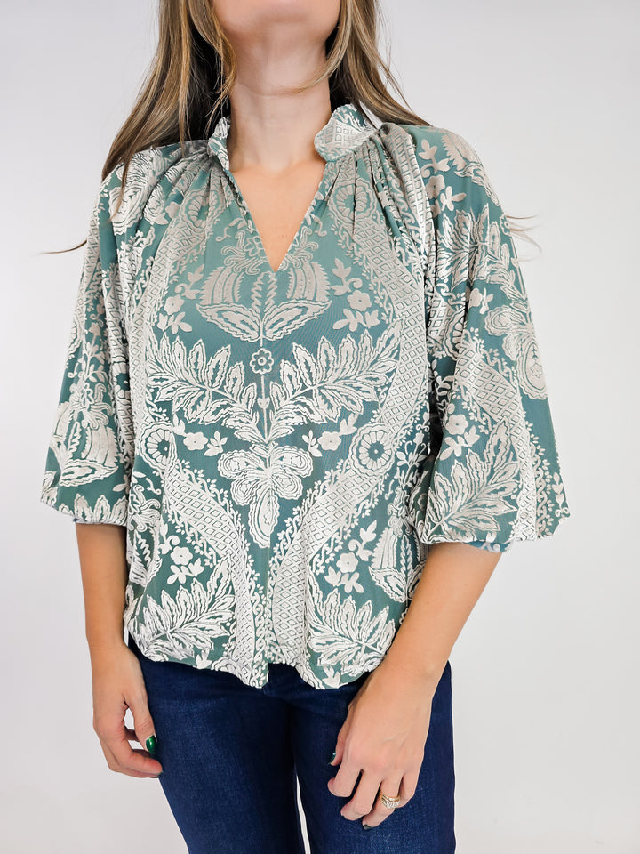 DAMASK PRINT VELVET SPLIT NECK TOP - SAGE