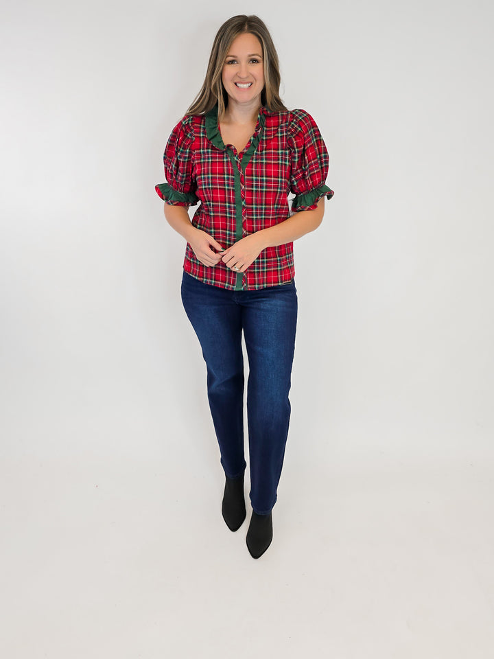 PLAID SHORT PUFF SLEEVE RUFFLE TRIM TOP - RED