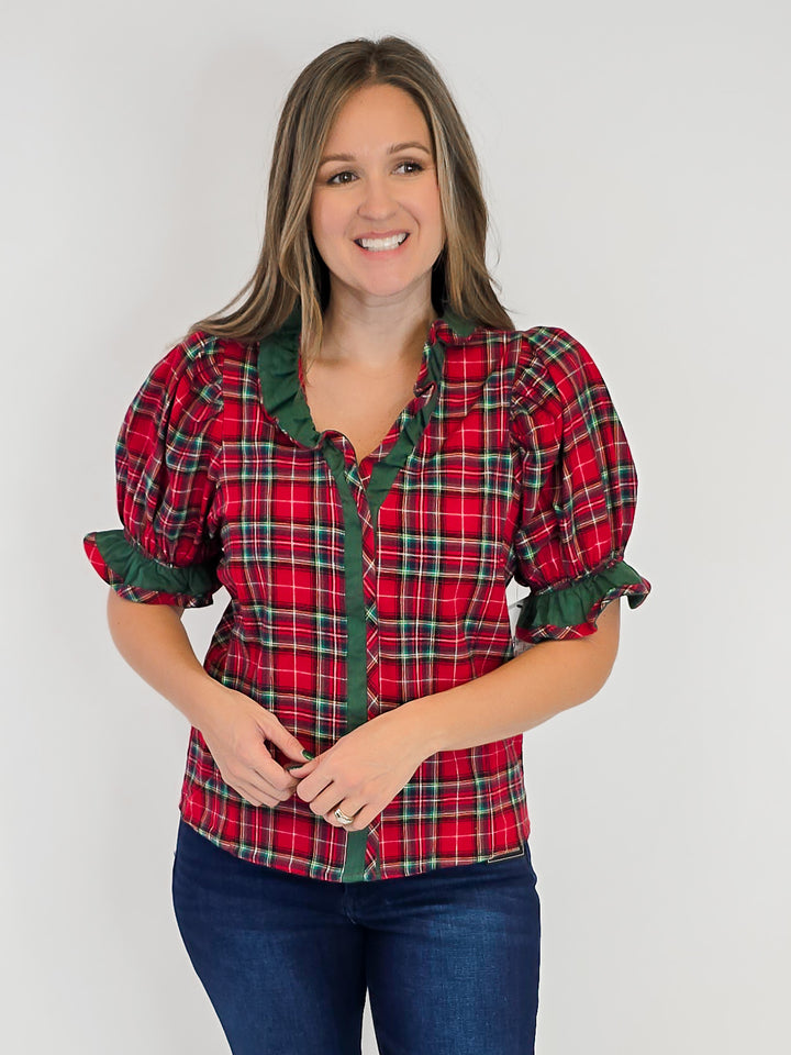 PLAID SHORT PUFF SLEEVE RUFFLE TRIM TOP - RED