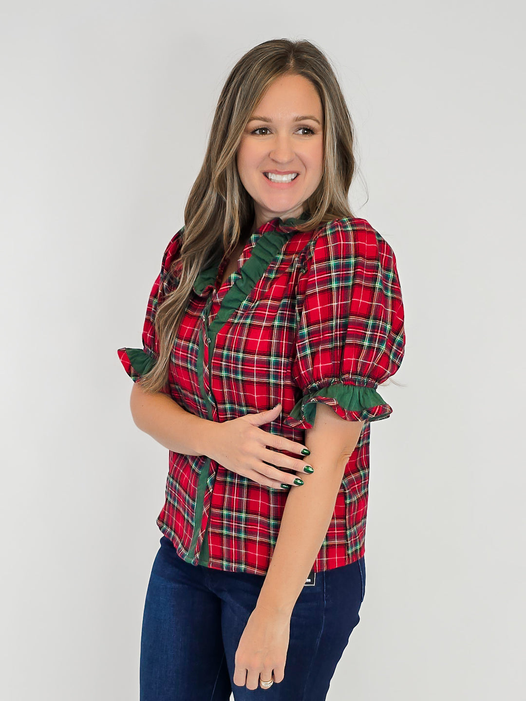 PLAID SHORT PUFF SLEEVE RUFFLE TRIM TOP - RED