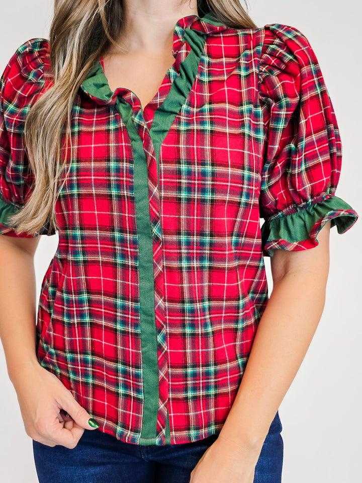 PLAID SHORT PUFF SLEEVE RUFFLE TRIM TOP - RED