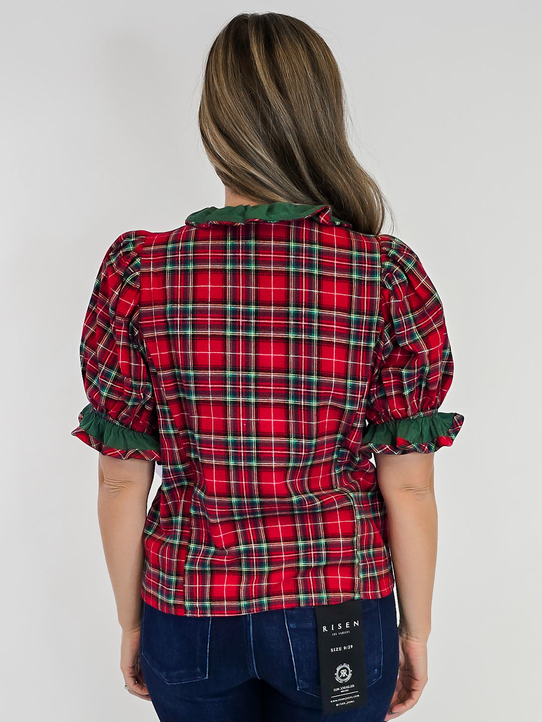 PLAID SHORT PUFF SLEEVE RUFFLE TRIM TOP - RED
