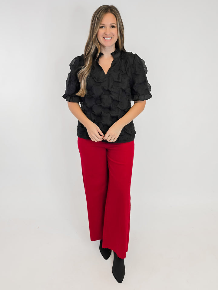 SATIN RUFFLED DETAIL DOTTED TEXTURED TOP - BLACK