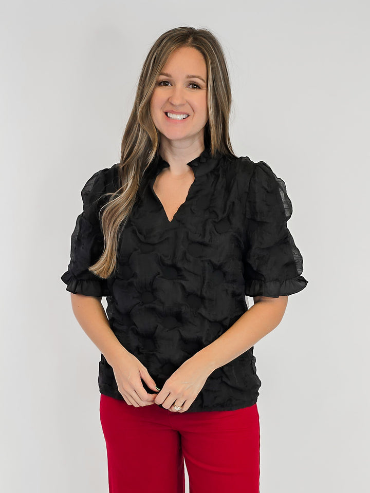 SATIN RUFFLED DETAIL DOTTED TEXTURED TOP - BLACK