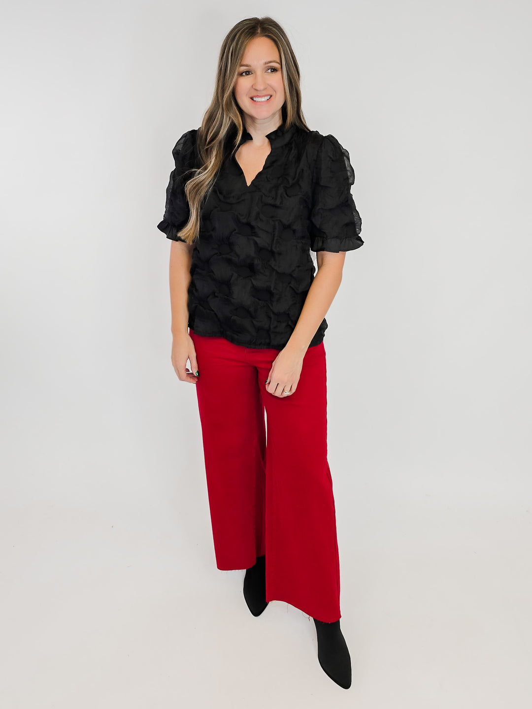 SATIN RUFFLED DETAIL DOTTED TEXTURED TOP - BLACK