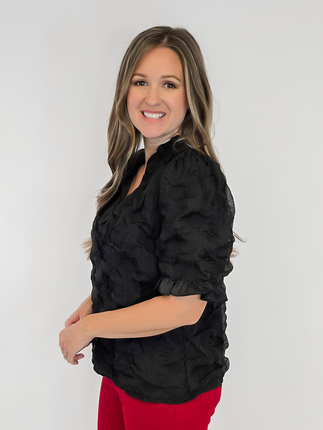 SATIN RUFFLED DETAIL DOTTED TEXTURED TOP - BLACK