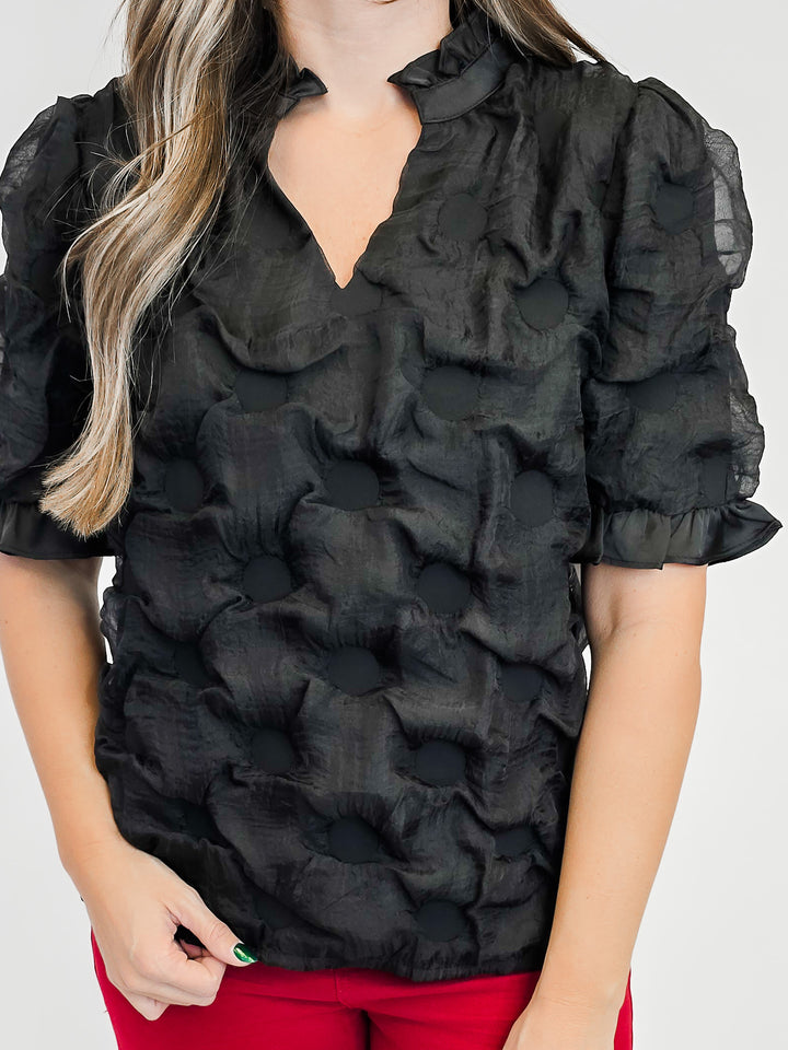 SATIN RUFFLED DETAIL DOTTED TEXTURED TOP - BLACK