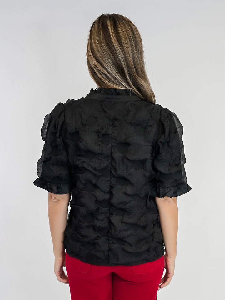 SATIN RUFFLED DETAIL DOTTED TEXTURED TOP - BLACK