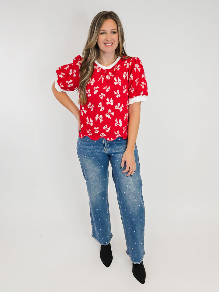 SCALLOPED HEM BOW PRINT VELVET TOP - RED