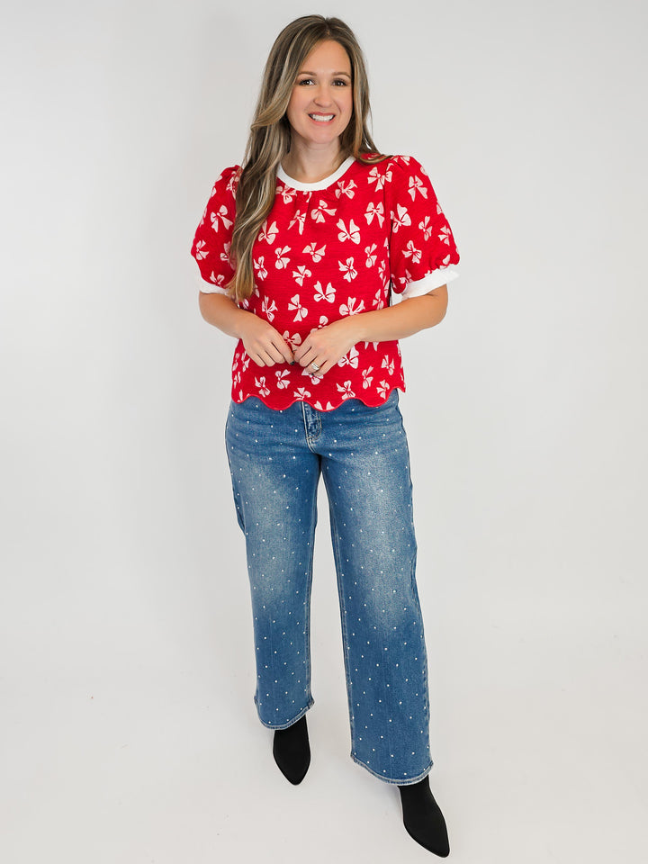 SCALLOPED HEM BOW PRINT VELVET TOP - RED