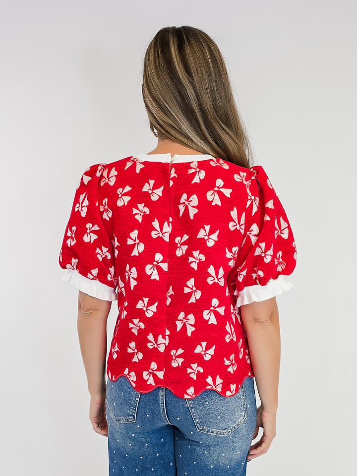 SCALLOPED HEM BOW PRINT VELVET TOP - RED