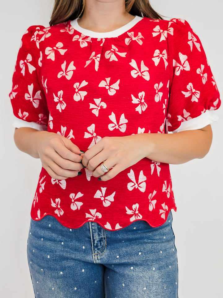 SCALLOPED HEM BOW PRINT VELVET TOP - RED