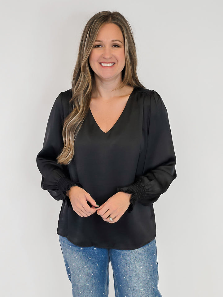 SATIN V-NECK BLOUSE - BLACK