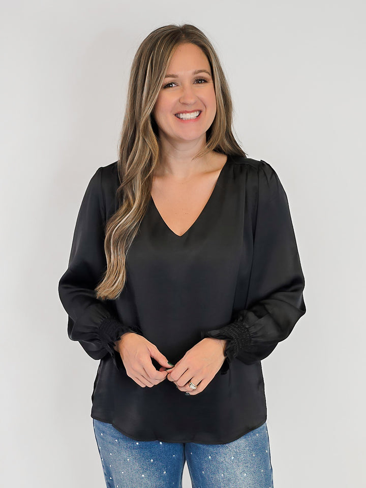 SATIN V-NECK BLOUSE - BLACK