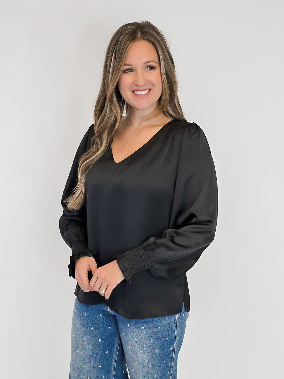 SATIN V-NECK BLOUSE - BLACK