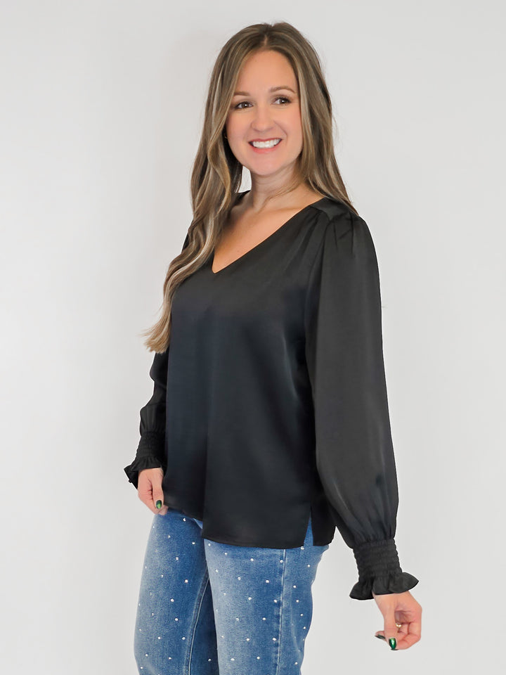SATIN V-NECK BLOUSE - BLACK