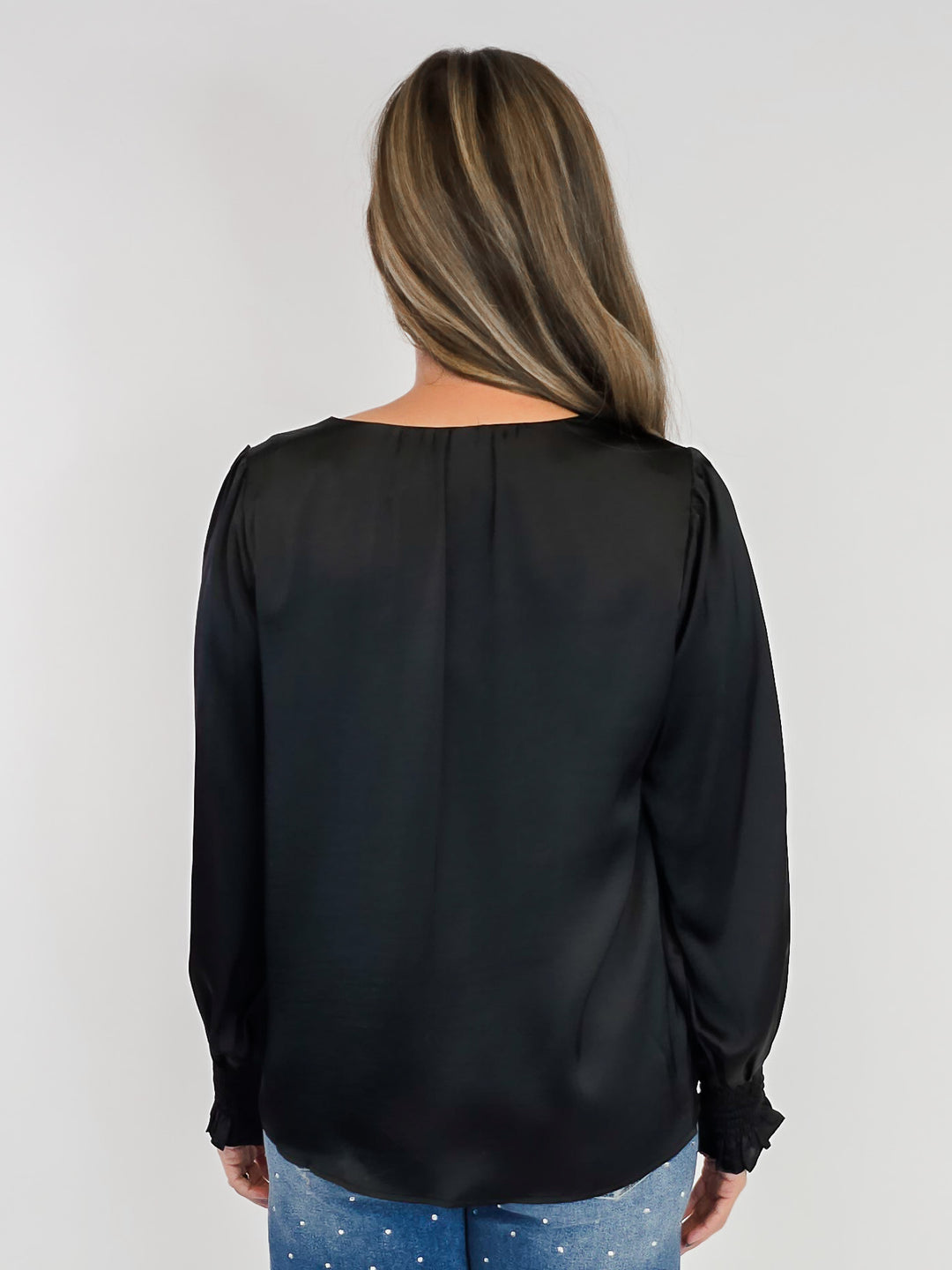 SATIN V-NECK BLOUSE - BLACK