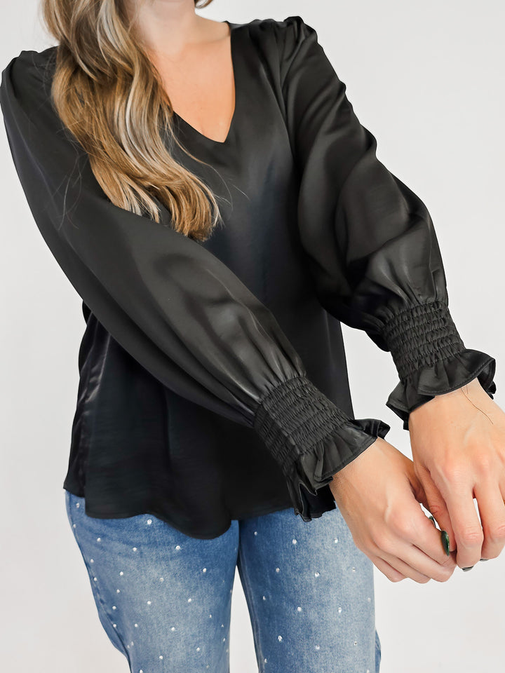 SATIN V-NECK BLOUSE - BLACK