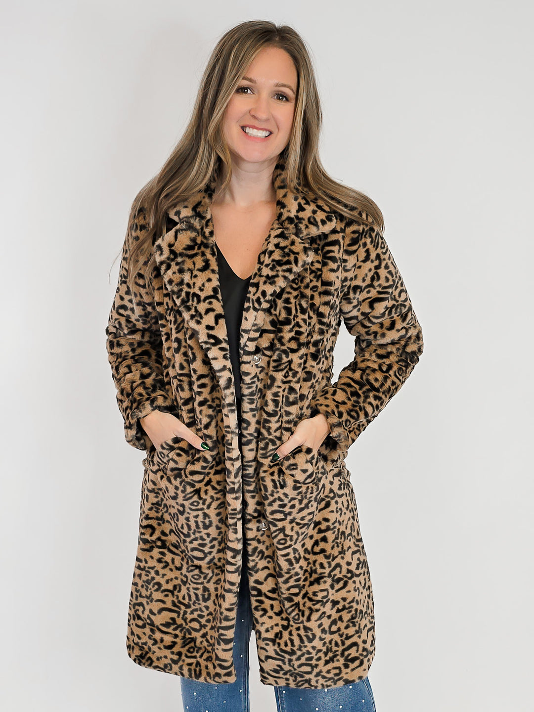 FAUX FUR ANIMAL PRINT COAT - BLACK TAN