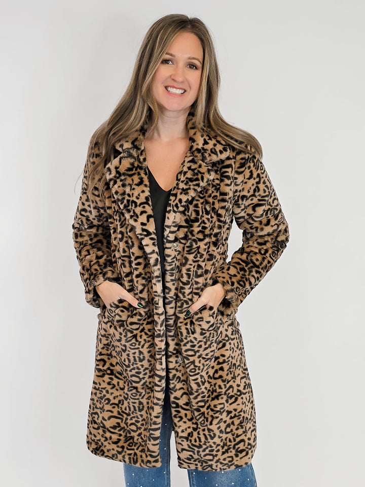 FAUX FUR ANIMAL PRINT COAT - BLACK TAN