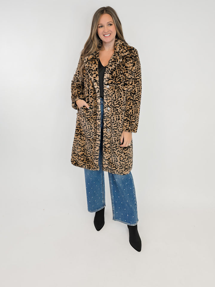 FAUX FUR ANIMAL PRINT COAT - BLACK TAN