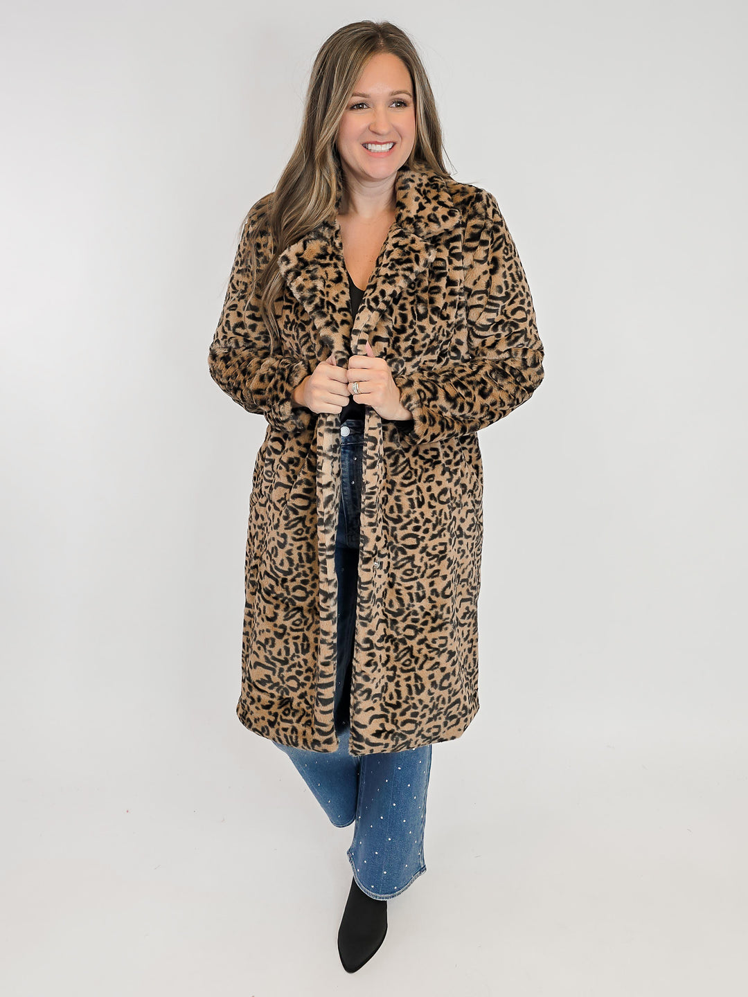 FAUX FUR ANIMAL PRINT COAT - BLACK TAN
