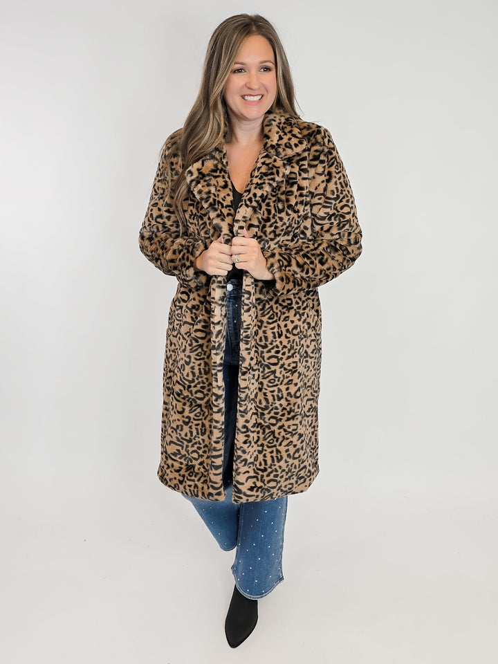 FAUX FUR ANIMAL PRINT COAT - BLACK TAN