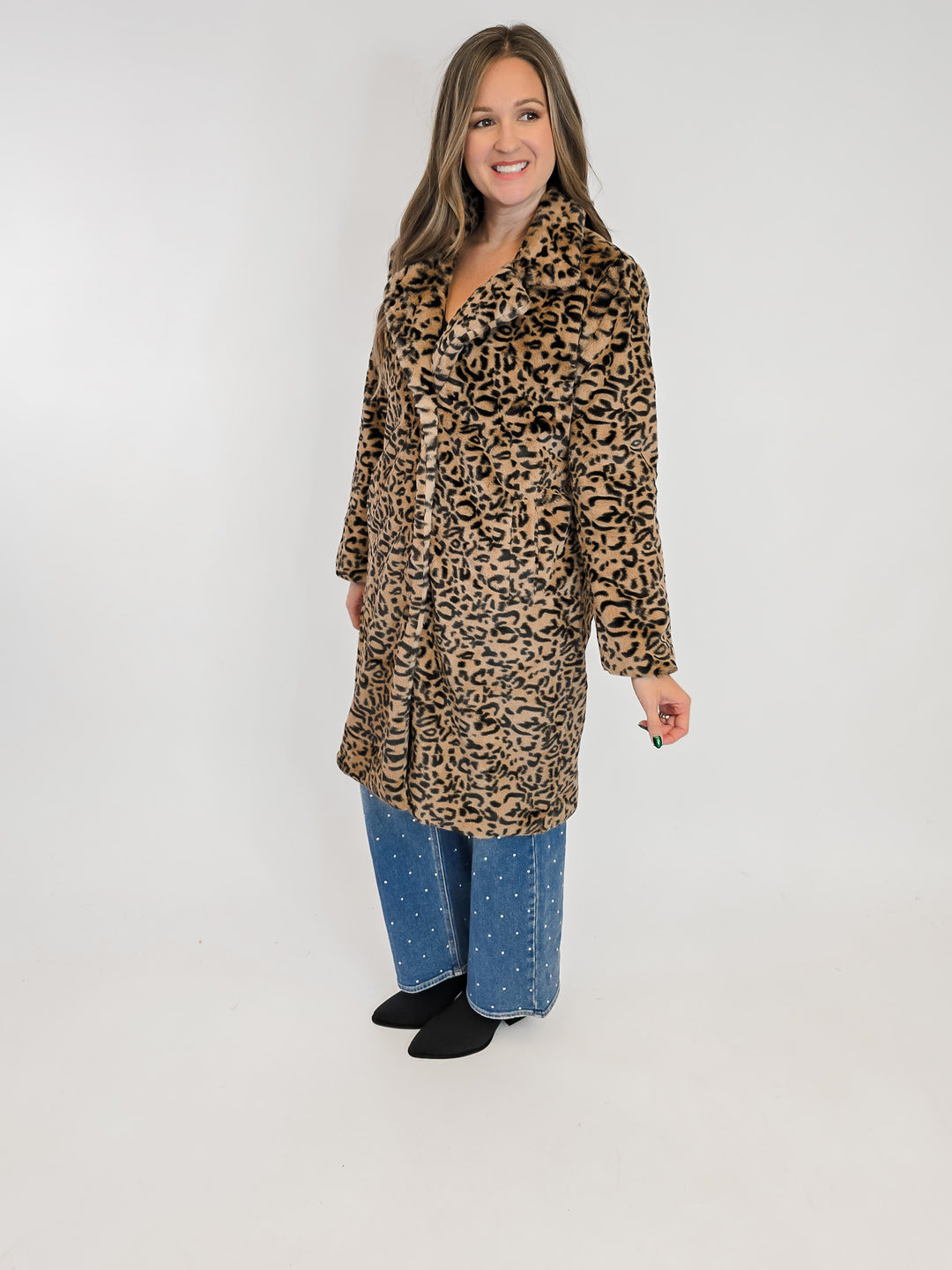FAUX FUR ANIMAL PRINT COAT - BLACK TAN