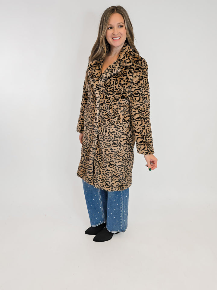 FAUX FUR ANIMAL PRINT COAT - BLACK TAN