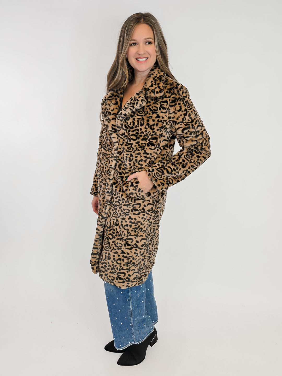 FAUX FUR ANIMAL PRINT COAT - BLACK TAN