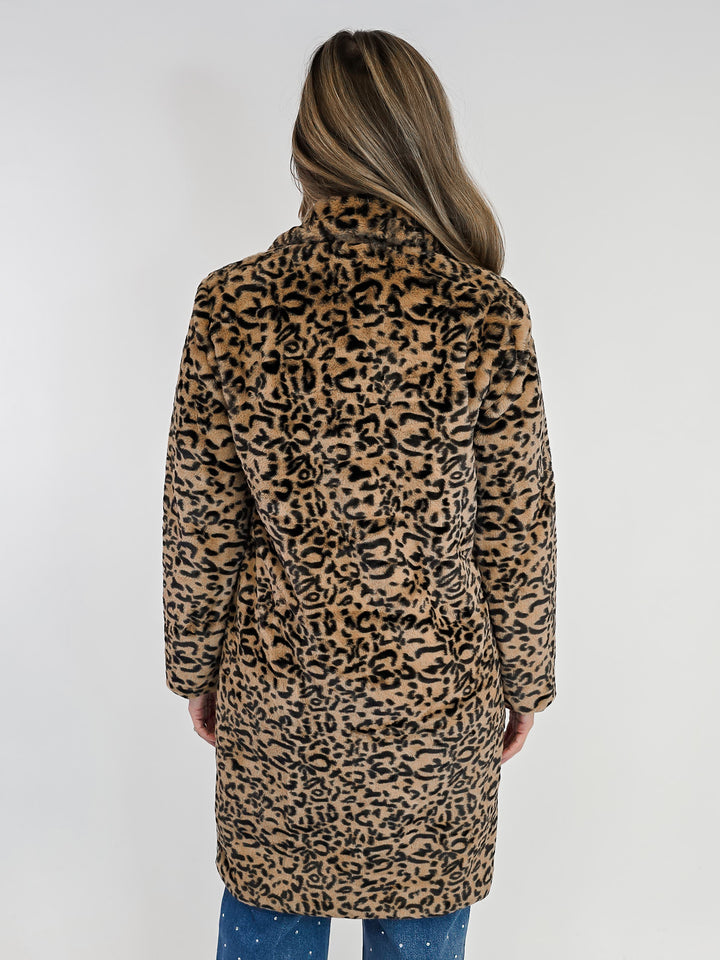 FAUX FUR ANIMAL PRINT COAT - BLACK TAN