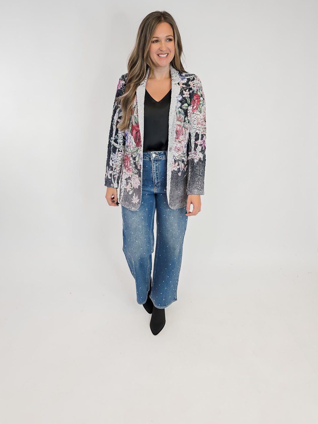 LACE & SEQUIN FLORAL BLAZER - CHARCOAL