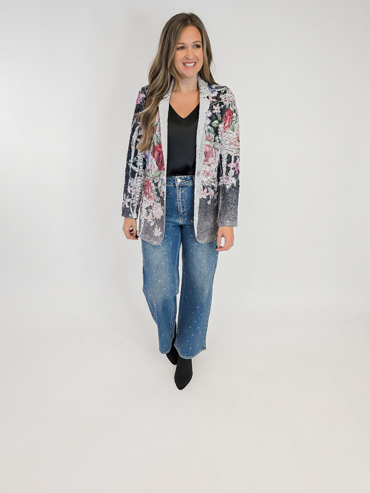 LACE & SEQUIN FLORAL BLAZER - CHARCOAL