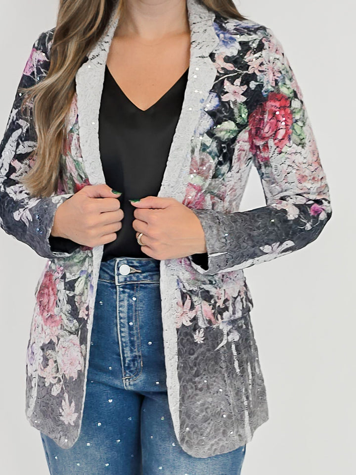 LACE & SEQUIN FLORAL BLAZER - CHARCOAL