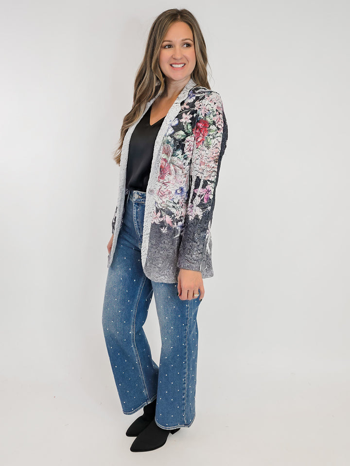 LACE & SEQUIN FLORAL BLAZER - CHARCOAL