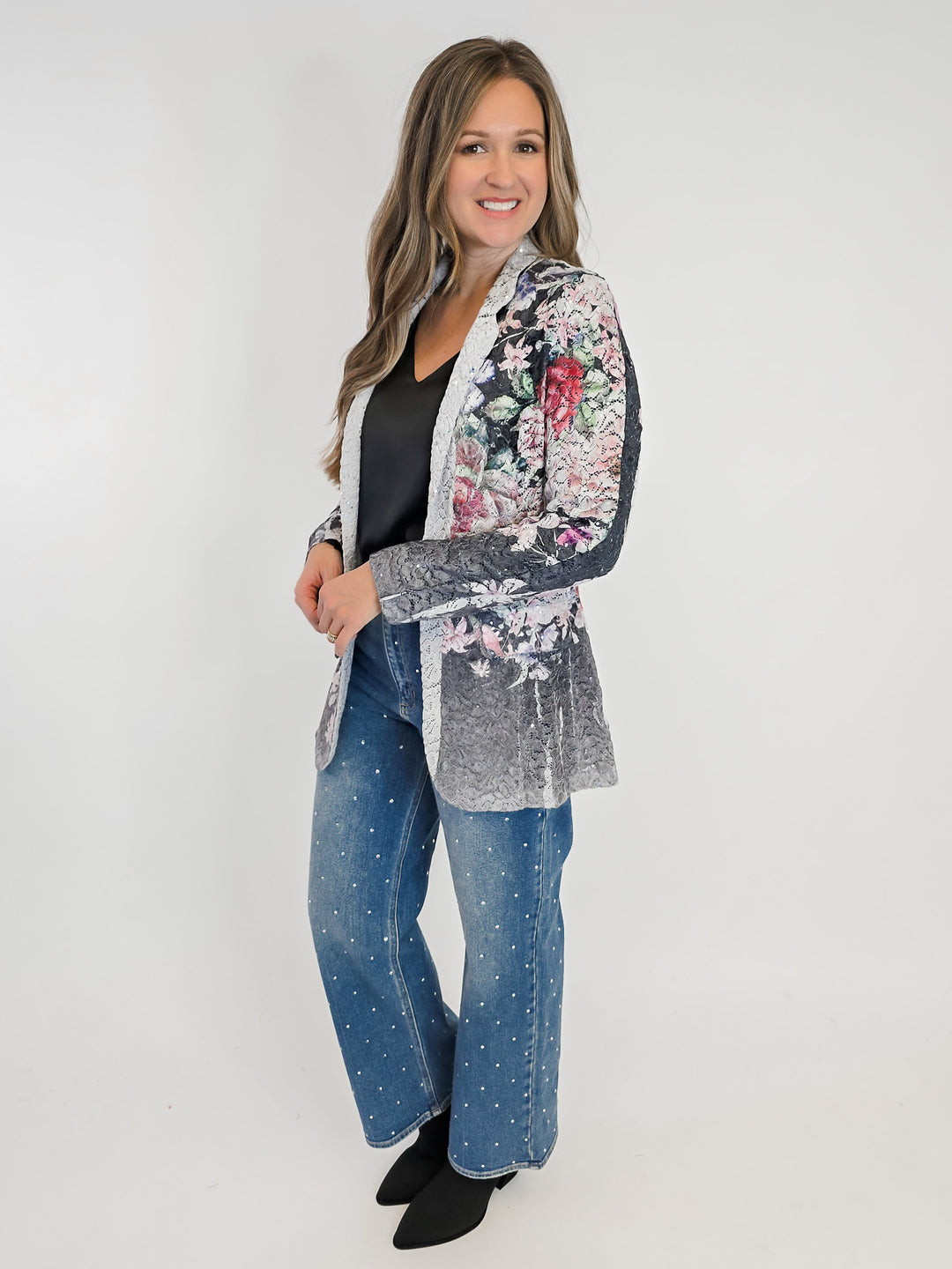 LACE & SEQUIN FLORAL BLAZER - CHARCOAL