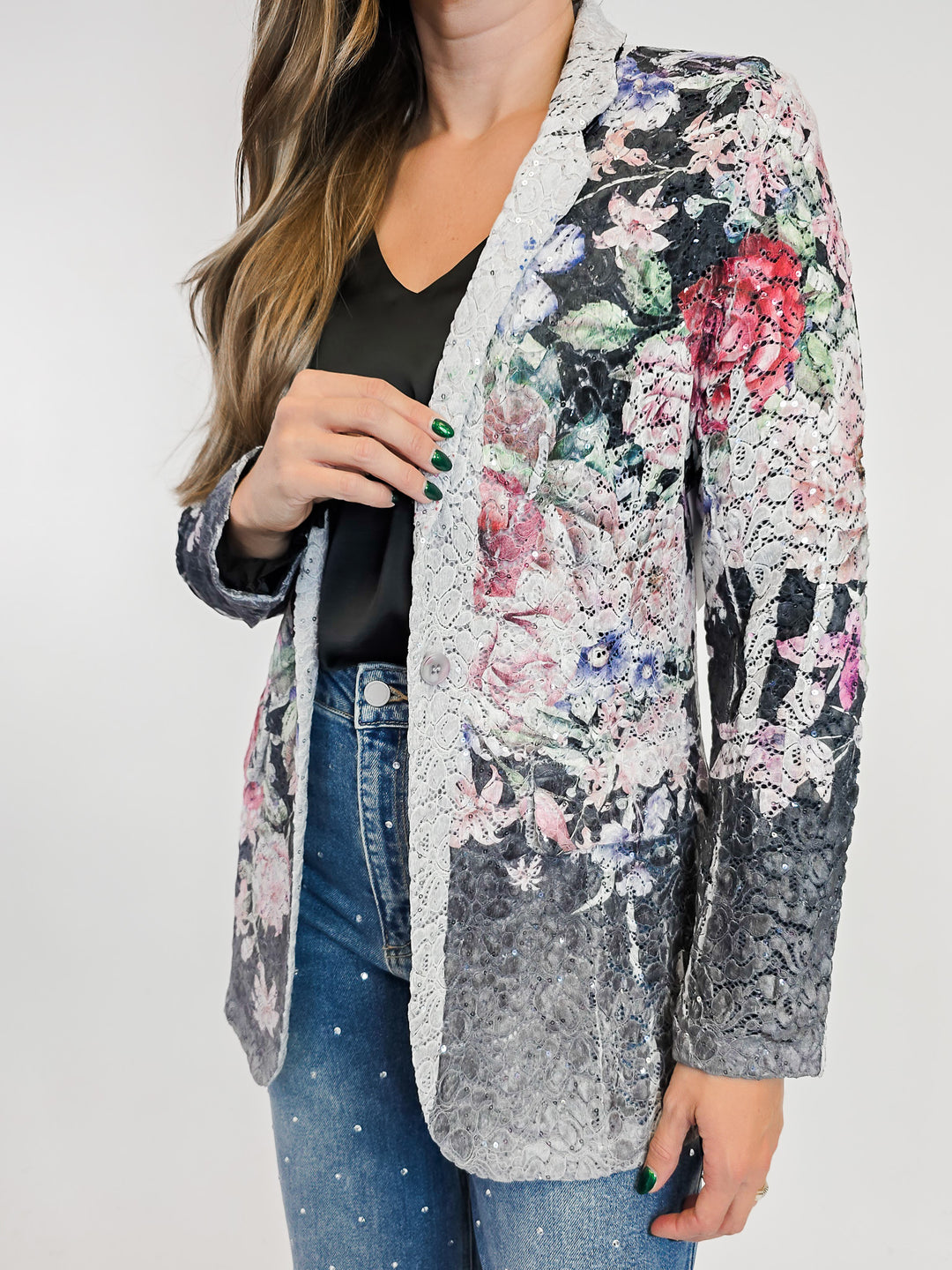 LACE & SEQUIN FLORAL BLAZER - CHARCOAL