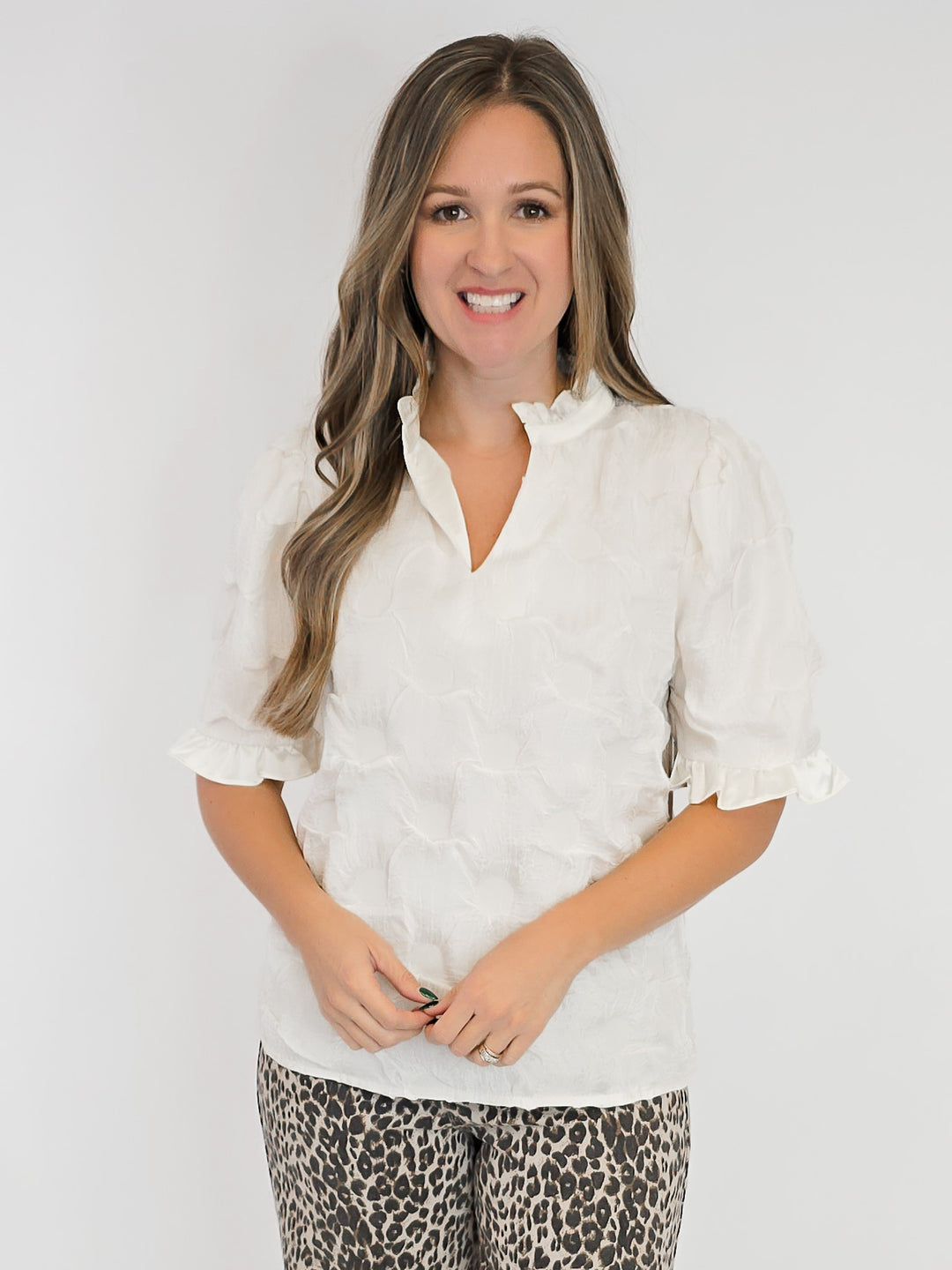 SATIN RUFFLED DETAIL DOTTED TEXTURED TOP - CREAM